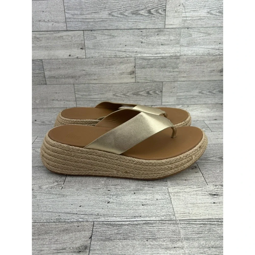 FitFlop Lulu Espadrille Gold Leather Platform Wedge Sandals‎ IV6-675 Women Sz 6